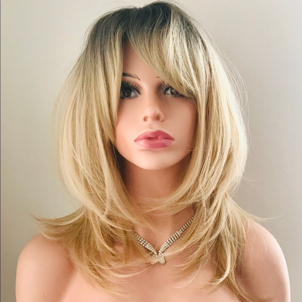 A Pretty 16” Ombre Blonde “Put On & Go” Premium Fiber Wig with Bangs